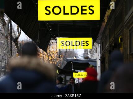 Paris, Jan. 8. 4th Feb, 2020. Posters displaying sales information are seen in a street in Paris, France, Jan. 8, 2020. Winter sales in France kicked off on Wednesday and will last to Feb. 4, 2020. Credit: Gao Jing/Xinhua/Alamy Live News Stock Photo