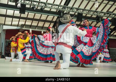 Colombian folk dancers performing a typical dance on Folkloric Festival of Nova Petropolis. A town founded by German immigrants in southern Brazil. Stock Photo