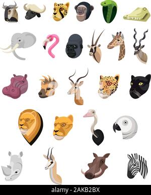 African animals portrait set made in unique simple cartoon style. Heads of leopard, antelope, flamingo, elephant, chimpanzee. Isolated artistic styliz Stock Vector