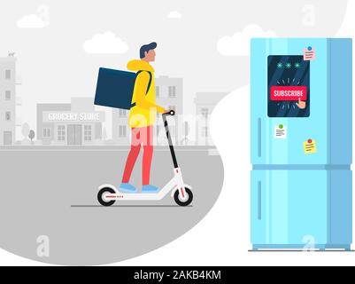 Product subscribe ordering and delivery by male on electric kick scooter service concept. Fridge with subscription online shopping goods app in supermarket. Man shipping food from grocery store vector Stock Vector