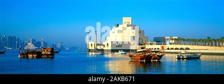 Modern architecture of exterior of Museum Of Islamic Art on waterfront of Doha, Qatar Stock Photo