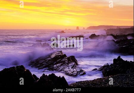 Landscape with waves crashing on rocky coastline at sunset, Newfoundland, Canada Stock Photo