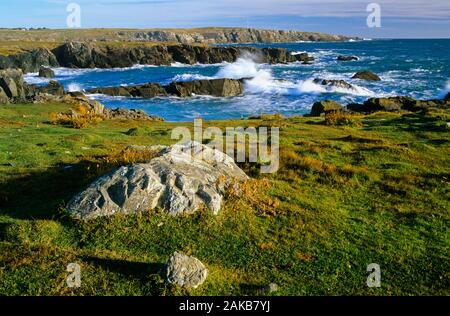 Landscape with waves crashing on rocky coastline, Newfoundland, Canada Stock Photo