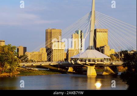 Cityscape with Provencher Bridge over Red River, Winnipeg, Manitoba, Canada Stock Photo