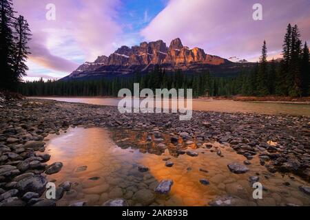 Landscape with Castle Mountain and river, Banff National Park, Alberta, Canada Stock Photo