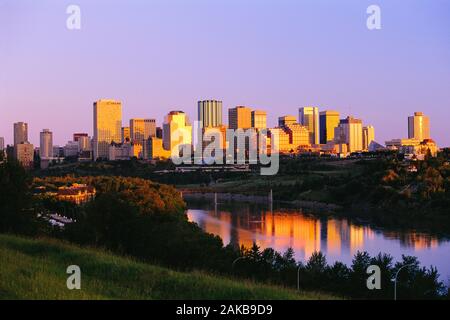 Skyline of city of Edmonton and river seen from park, Alberta, Canada Stock Photo