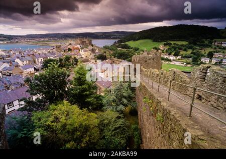 View of storm clouds above town, Conwy, Wales, UK Stock Photo