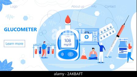 Glucometer for measuring sugar level of diabetics. Landing page with blood glucose testing meter, tiny doctors. Type 2 diabetes and insulin productio Stock Vector