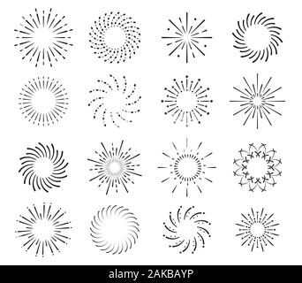 Starburst, firework shadow icons vector. Radiating from center of straight and spiral beams, lines. Set of simple elements for logo Stock Vector