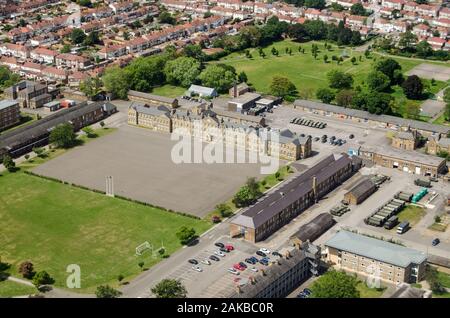 Aerial view of the historic Cavalry Barracks in Hounslow, West London.  Dating from the 18th Century, the current home of the 1st Battalion Irish Guar Stock Photo