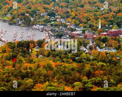 Aerial view of town on sea coastline, Camden, Maine, USA Stock Photo