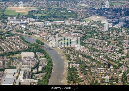 Aerial view of the River Thames as it flows between Kew and Brentford in West London on a sunny summer day.The National Archives are to the bottom lef Stock Photo