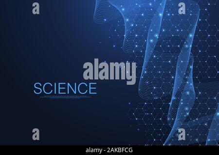 Scientific molecule background for medicine, science, technology, chemistry. Science template wallpaper or banner with a DNA molecules. Dynamic wave Stock Vector