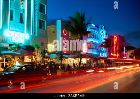 Ocean Drive at night, Miami Beach, Florida, USA Stock Photo