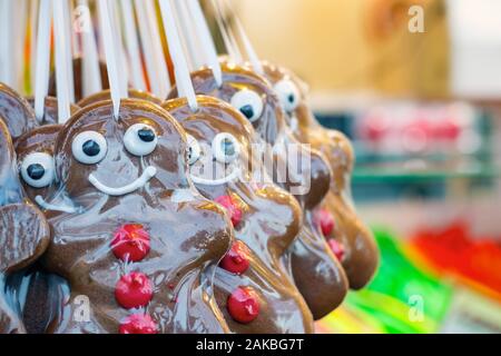 Gingerbread men on display at Christmas market in winter wonderland of London Stock Photo