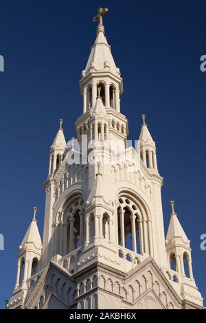 Spire of Saints Peter and Paul Church in San Francisco, California, USA. Stock Photo