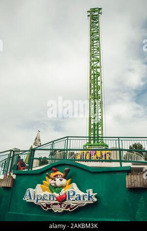 The Alpen Turbo Drop ride and logo of Alpen amusement park near Canela. A charming small town in southern Brazil. Stock Photo