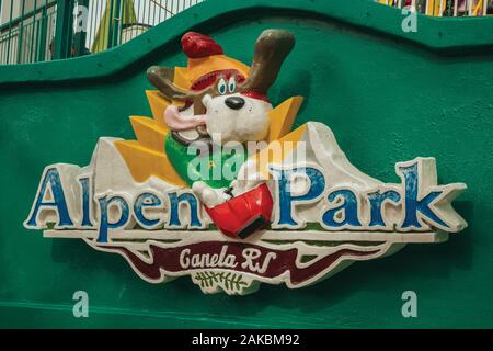 Colorful Alpen Park logo in a wall, a renowned amusement park near Canela. A charming small town in southern Brazil. Stock Photo