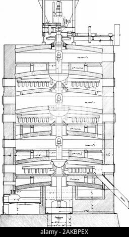 The hydrometallurgy of copper . Fig. 41.—Wedge muffle furnace. sulphuric acid to leach the copper from the roasted ore. Fig. 42 showssuch a furnace, in which the three lower hearths are muffled with specialtile to keep the products of combustion from the fire-boxes separatefrom the sulphur dioxide gases; the furnace is equipped with uptakes forconveying the gases, and a separate stack is arranged with connectionsto the muffles for taking away the gases of combustion. If sulphuricacid is to be made, furnaces may be muffled so as to get the maximumsulphur dioxide content in the furnace gases for Stock Photo