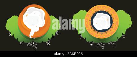 Set of Top view pongal rice in mud pot sugarcane and banana leaves on black backgrounds Stock Vector