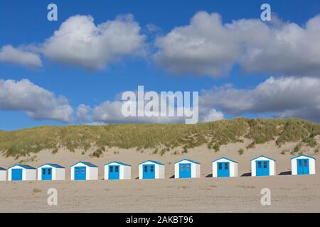 Row of blue and white beach cabins on Texel, West Frisian Island in the Wadden Sea, Noord-Holland, the Netherlands Stock Photo
