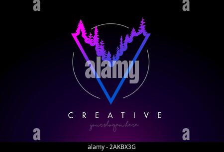 Creative V Letter Logo Idea With Pine Forest Trees. Letter V Design With Pine Tree on TopVector Illustration. Stock Vector