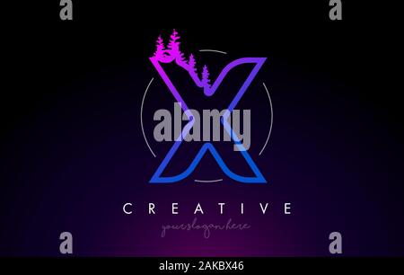 Creative X Letter Logo Idea With Pine Forest Trees. Letter X Design With Pine Tree on TopVector Illustration. Stock Vector