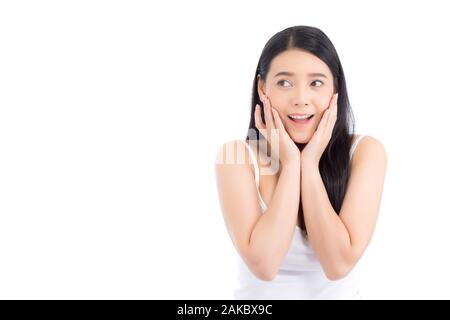 Asian woman surprise hold cheek with hand, Beautiful girl with presenting your product with excited and surprise isolated on white background, Express Stock Photo