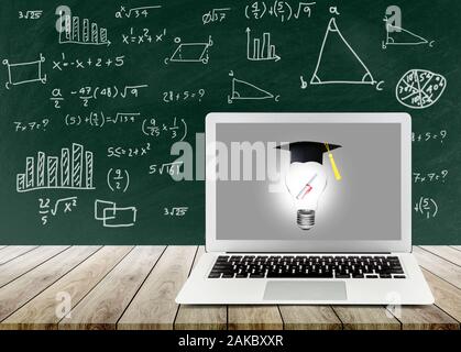 light bulb with certification on labtop show the ingenuity intelligence knowledge and success on blackboard, inspiration with education concept. Stock Photo