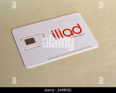 MILAN, ITALY - CIRCA OCTOBER 2019: Iliad mini micro and nano sim for mobile telephone Stock Photo