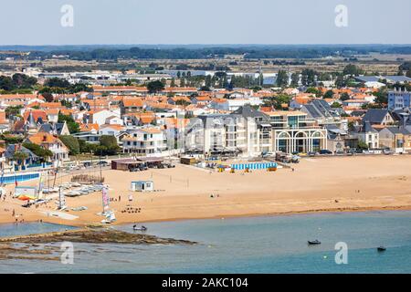 France, Vendee, Saint Hilaire de Riez, sailing boats on the beach (aerial view) Stock Photo
