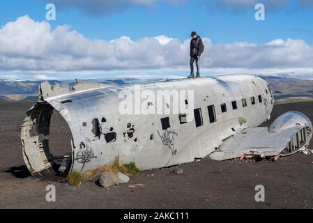 Iceland, Sudurland region, Solheimasandur, US Navy DC plane wreckage Stock Photo