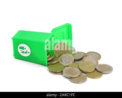 Euro coins in a green dust bin isolated on white background, concept of money wasting Stock Photo