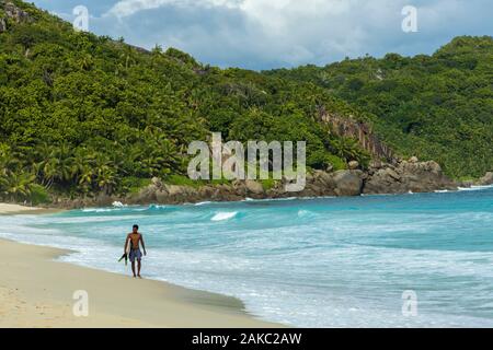 Seychelles, Mahe Island, bodyboarder in Police Bay Stock Photo