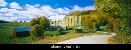 Barns near a road, Jenny Farm, Vermont, New England, USA Stock Photo