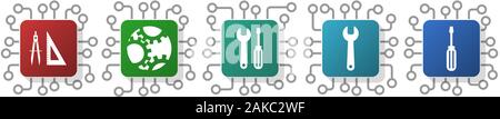 Set of tools, screwdriver, spanner and technology icons for webdesign and mobile applications, cpu, chip concept vector illustration Stock Vector
