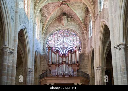 France, Herault, Clermont l'Herault, the Organ and the Rosace of St. Paul Church Stock Photo