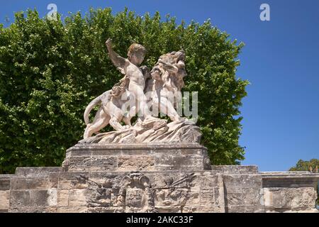 France, Herault, Montpellier, historic center, Royal Peyrou square, Injalbert statue, the children of lions, at the garden entrance Stock Photo