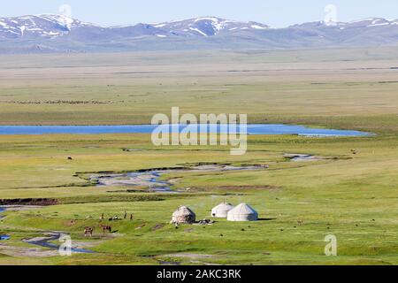 Kyrgyzstan, Naryn province, Son-Kol lake, altitude 3000m, yurt camp, lake and mountains in the background Stock Photo