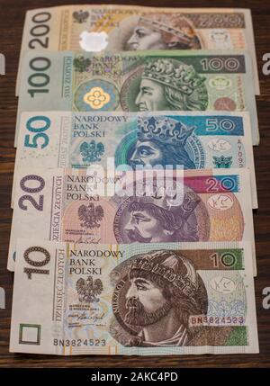 close up of various banknotes and coins Polish money, zloty, PLN on an old wooden background Stock Photo