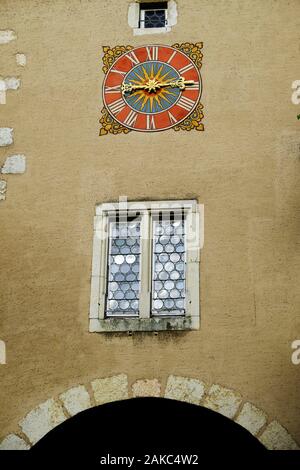 Switzerland, canton of Jura, Porrentruy, Porte de France built in 1563, clock from the end of the 17th century, recent dial, single needle Stock Photo