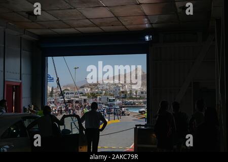 Naxos Greece - August 11 2019;  looking out from lower deck of  Greek Island ferryboat arriving at destination. Stock Photo