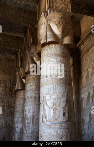 Egypt, Upper Egypt, Nile Valley, Dendera, columns engraved with bas-reliefs in the hypostyle hall of the temple of Hathor Stock Photo