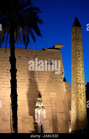 Egypt, Upper Egypt, Nile Valley, Luxor, facade of the Luxor Temple with its statue of Ramses II, its obelisk and its slender palm tree lit by night Stock Photo