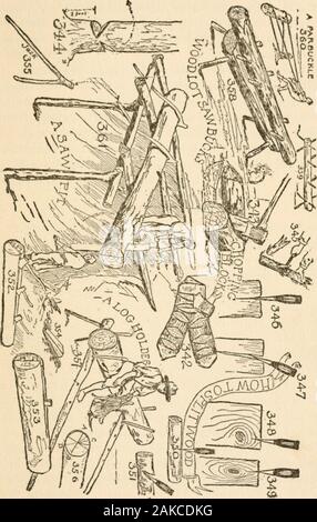 The American boys' handybook of camp-lore and woodcraft . abutt of ten inches, counting from the part where the rootsjoin the trunk. Before cutting the stump off above theground, dig all around the roots, carefully scraping away allstones and pebbles, then cut the roots off close up to thestump, for this is the hardest part of the wood and makes thebest mall head (Fig. 337). How TO Make the Gluts or WedgesFarmers claim that the best wedges are made of apple-wood, or locust wood; never use green wedges if seasonedones may be obtained, for one seasoned wedge is worth manygreen ones. In the north Stock Photo