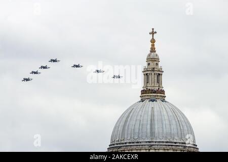 RAF Tornado GR4 in display formation flying on the RAF 100th anniversary, London, UK