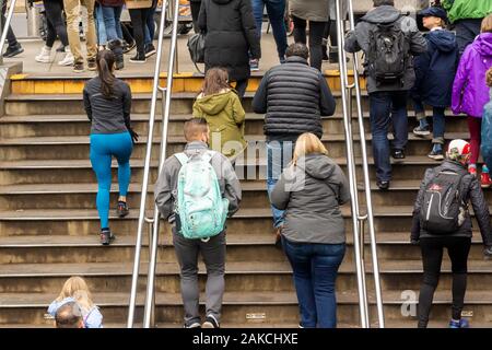 Crowds leave the subway at Columbus Circle New York on Sunday, December 29, 2019. (© Richard B. Levine) Stock Photo