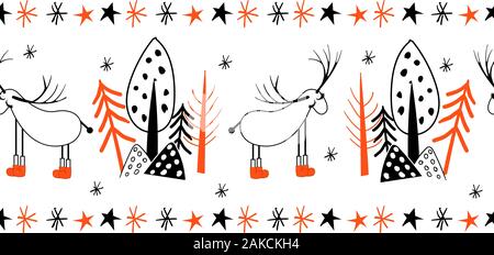 scandinavian deer. SEAMLESS TAPE FOR WALLPAPER AND PACKING PAPER. BEDDING DESIGN .. Reindeer. CUTE CHARACTER. Folklore style.. Stock Vector