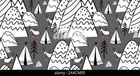 Northern forest. Illustration in folk style. Stylized mountains. Scandinavian print. Line drawing. Seamless pattern for kids.. Stock Vector
