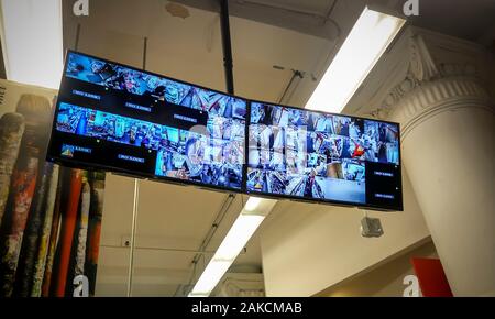 Store Monitor Video A monitor shows the video feeds of security cameras of a supermarket in ...